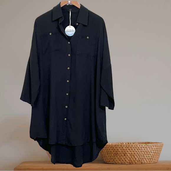 New Boho Long Sleeve Cotton Shirt Dress Black Button Up Oversized Tunic Top 90s - Picture 4 of 6